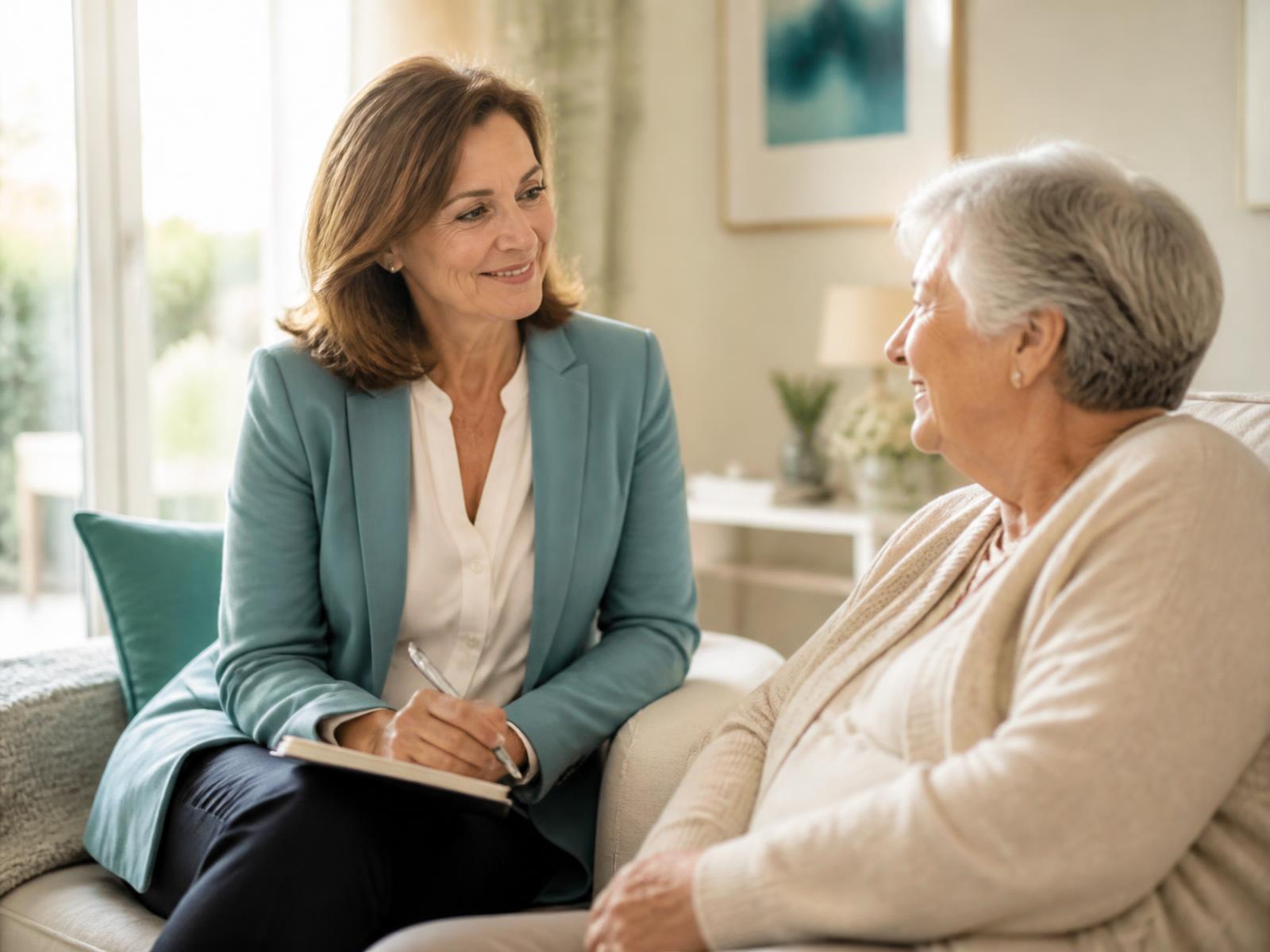 A nurse consultant taking notes while talking with an older adult on a living room couch