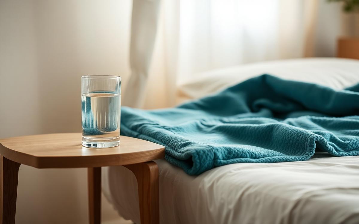 A quiet bedside table with a glass of water beside a bed with a teal blanket